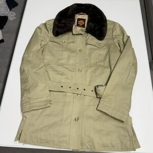 Vintage fox run Field Jacket Tan Faux Fur Collar Belted Utility Coat